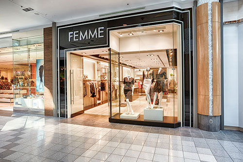 Femme womens clothing accessories store front photography for Mapleview Centre Burlington, Ontario Ivanhoe Cambridge by Bochsler Photo Imaging