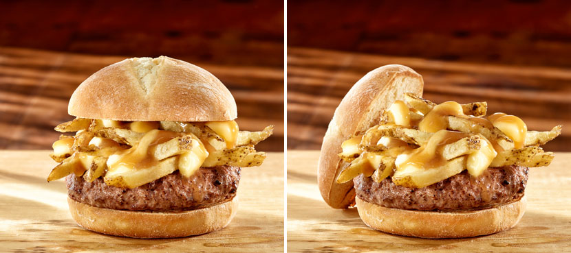 Hamburger Photography for The Works Gourmet Burger Bistro The Full Mountie French Fries Poutine Burger BPimaging