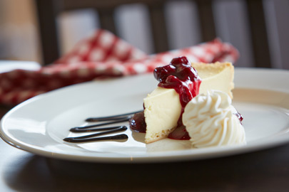 On location cheesecake dessert photography for Mother's Pizza Cherry Cheesecake