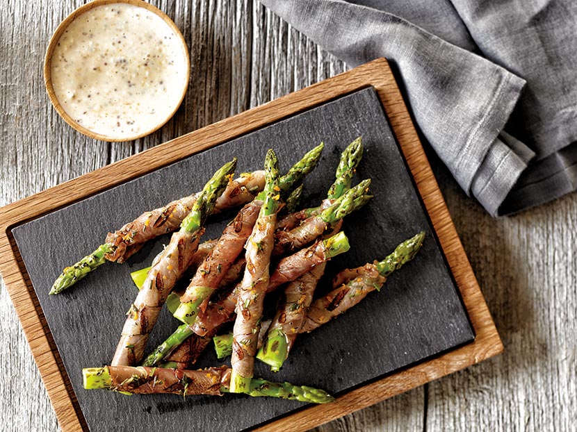 BP imaging Recipe Calendar Grilled Prosciutto Asparagus Appetizer Photography with Orange Aioli