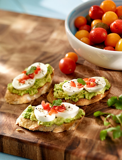 BP imaging food appetizer photography of Avocado pesto bruschetta with bocconcini cheese
