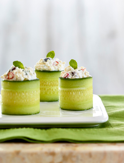 Appetizer food photography Feta filled cucumber rolls