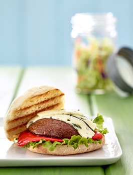 Cheeseburger photography Portobello mushroom burger with roasted red pepper and blue cheese