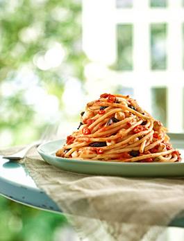 Pasta photography pasta puttanesca with bocconcini cheese