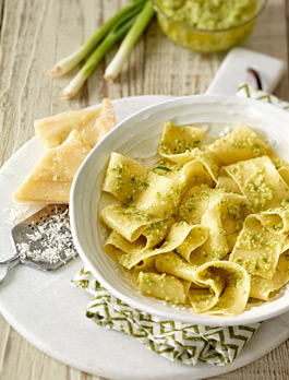 Pasta photography spring onion pesto