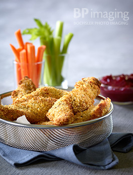 Finger food photography Tre Stelle Parmesan Turkey Fingers with Cranberry Dipping Sauce