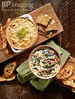 Appetizer photography Roasted Fennel and Tre Stelle Parmesan Dip / Castello Blue Cheese and Bacon Spinach Dip