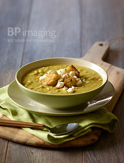 Soup food photography Split Pea Soup with Tre Stelle Feta and Thyme Croutons