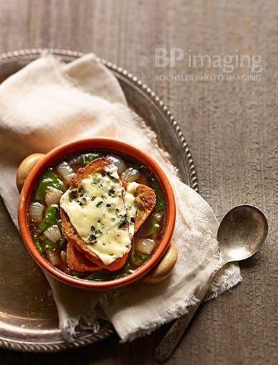 Soup photography of Spinach Onion Soup with Castello Blue Cheese