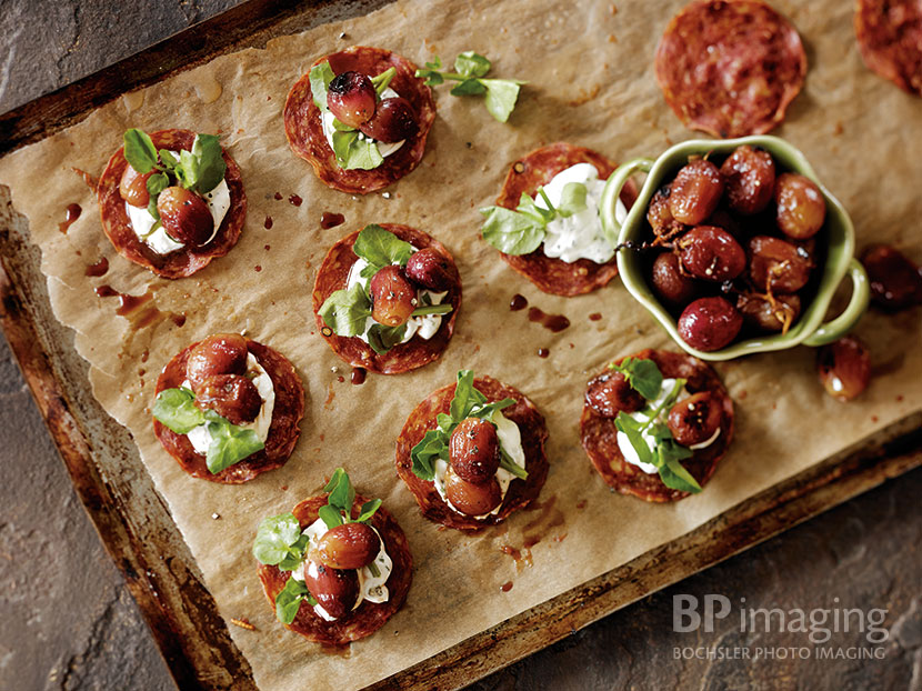 BP imaging Recipe Calendar Roasted Grape and Salami Crisps appetizer photography