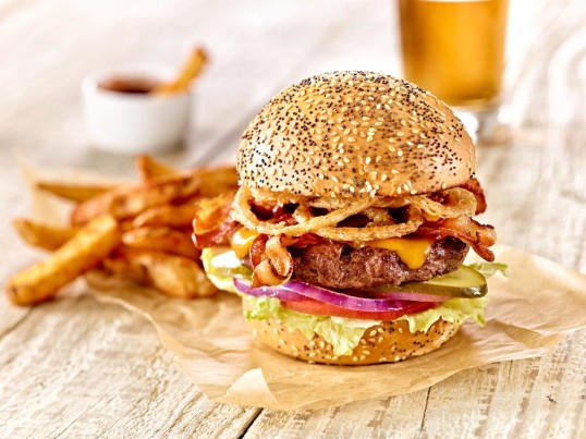 Best Food Photography in Toronto burger with onion rings, french fries and beer for Turtle Jack's