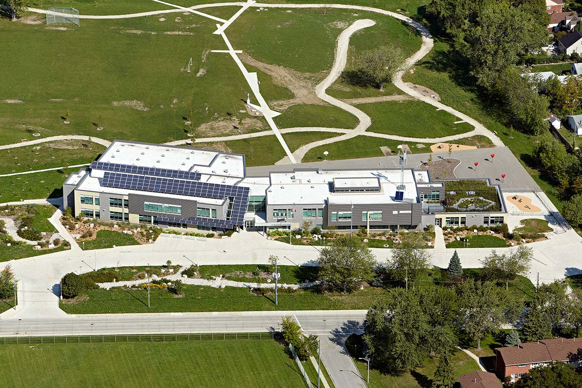 Aerial Photography of company headquarters solar panel roof