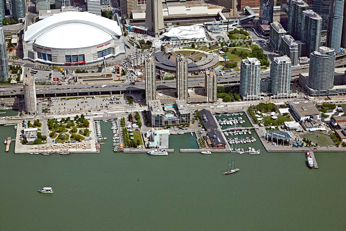 Downtown Toronto aerial photography of Rogers Centre, CN Tower and marina