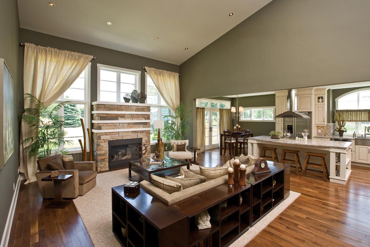 Interior Architectural Photography of green living room with brick fireplace