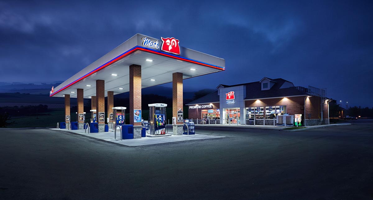 Exterior Architectural Photography of Gas Station at Mac's Convenience Store at night
