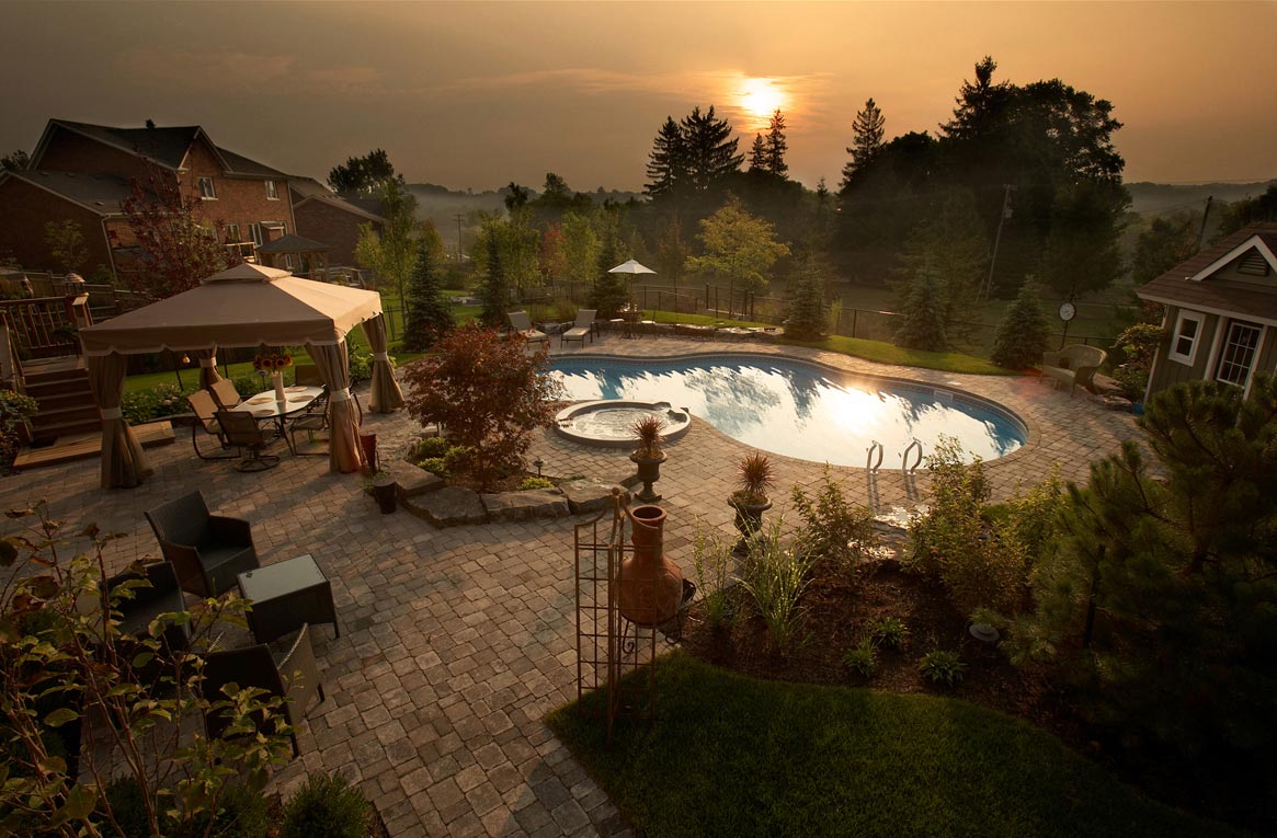 Exterior Architectural Photography of backyard patio pool and seating area