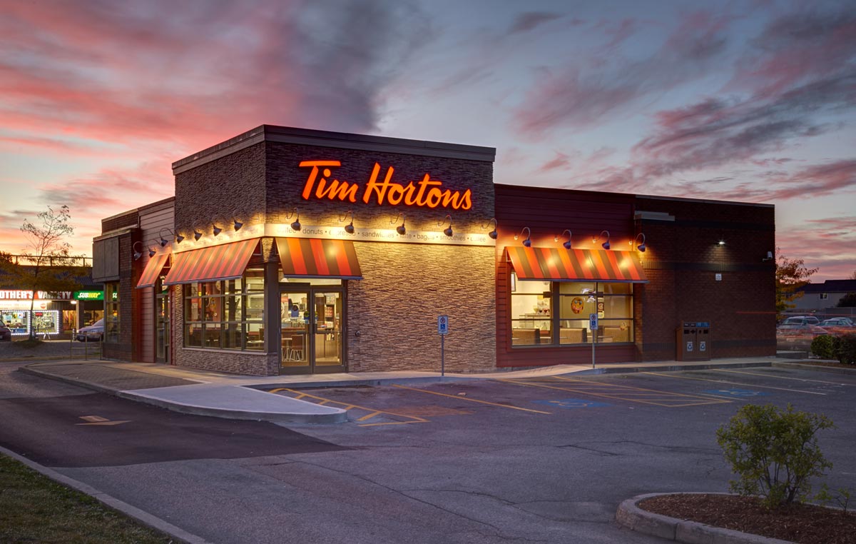 Restaurant Photography of exterior lights and parking for Tim Hortons in London
