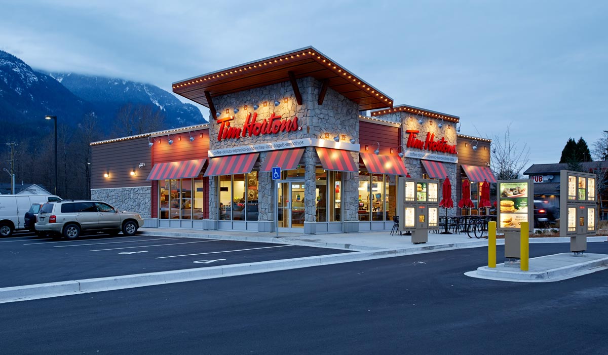 Restaurant Photography of exterior and drive through for Tim Hortons Exterior in Squamish, British Columbia
