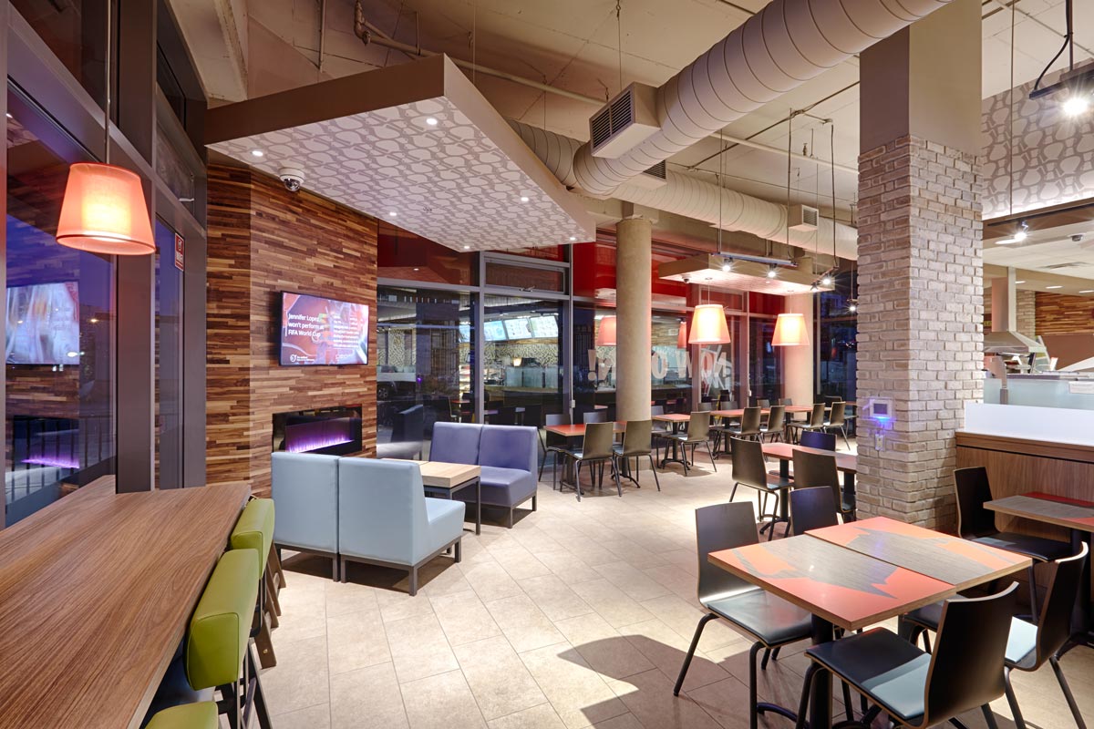 Restaurant Photography of modern lounge area and seating at Tim Hortons in Toronto