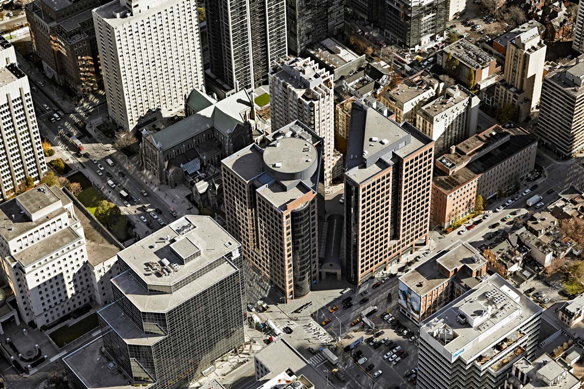 Downtown Toronto commercial real estate aerial photographer of city building intersection