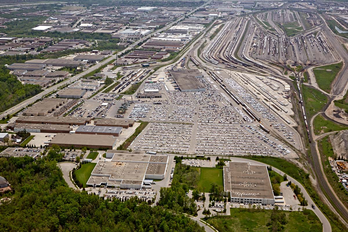 Train aerial photography of rails and distribution warehouses for CN