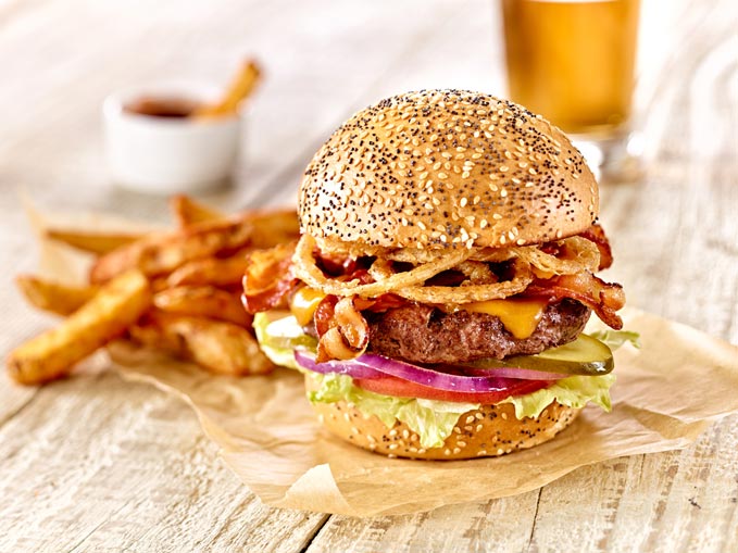 Hamburger photography with bacon, cheddar cheese and crispy onion rings for Turtle Jack's Grill