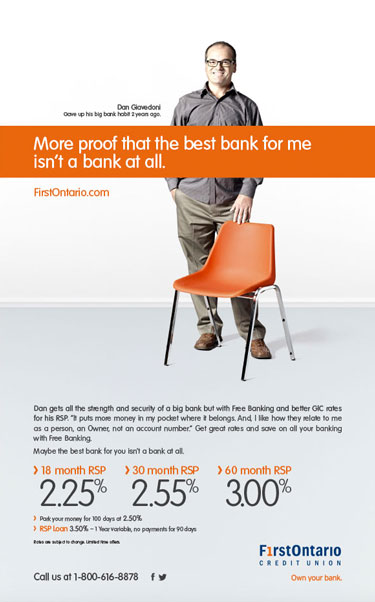 Lifestyle photographer banker advertisement for FirstOntario Credit Union and Play Advertising