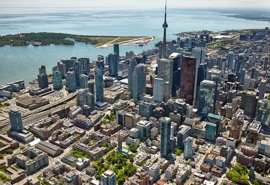 Downtown Toronto aerial photographer showing CN Tower, Rogers Centre, Gardiner Expressway, CIBC, TD Tower and Trump Tower