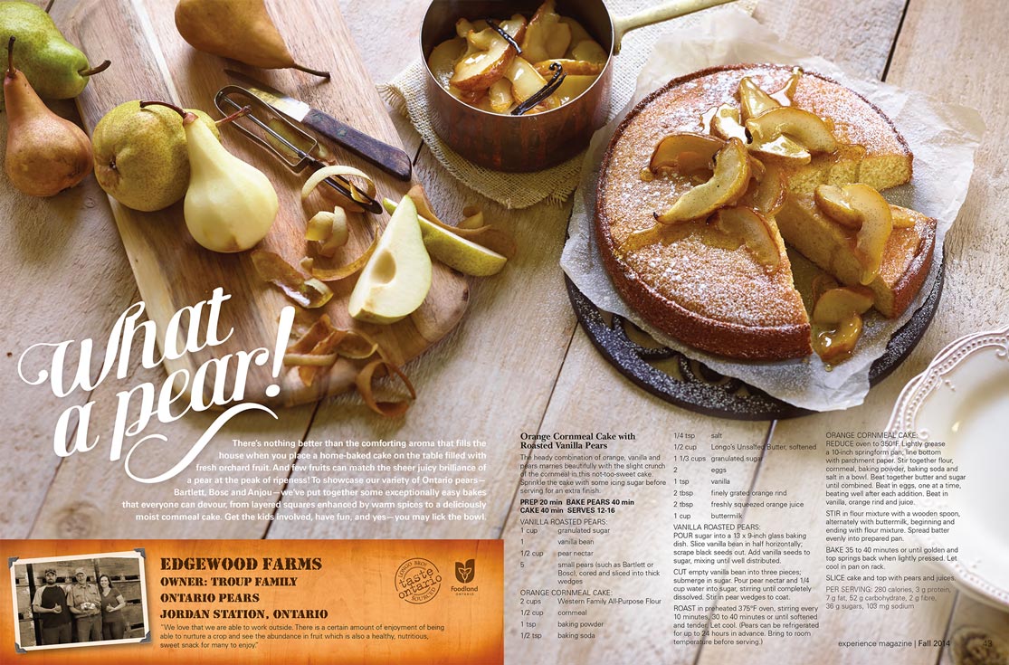 Longo Brothers Fruit Markets Food Photography Fall Experience Magazine orange cornmeal cake with roasted vanilla pears
