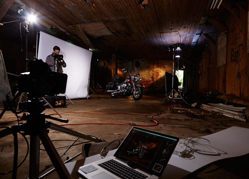 Magazine motorcycle photography photo shoot set up in old building Niagara Falls, Ontario