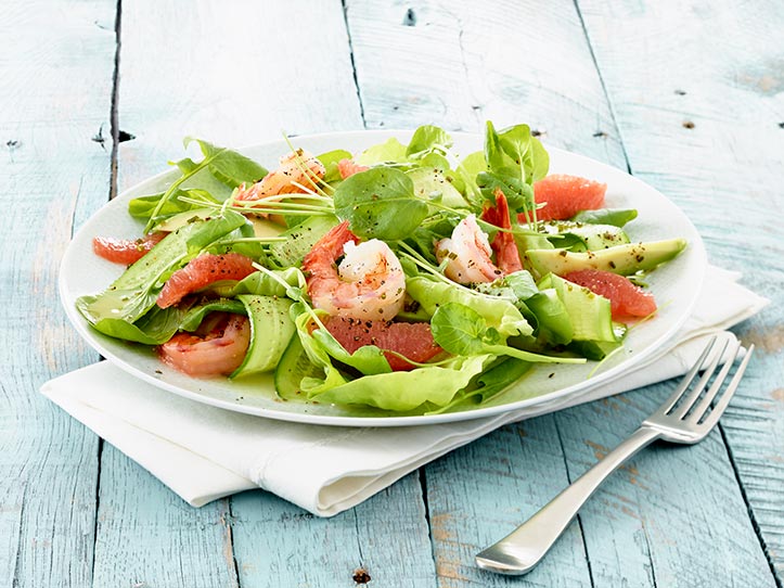 Produce recipe photography of citrus shrimp salad for Mucci Farms