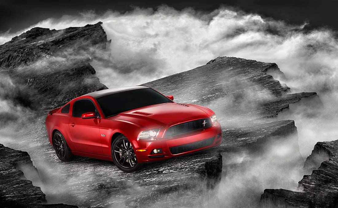 Studio Car Photo Shoot of Ford Mustang photoshop mountain with fog