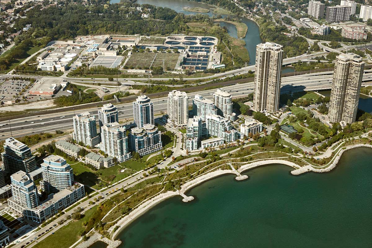 Aerial photography of buildings on Lake Ontario