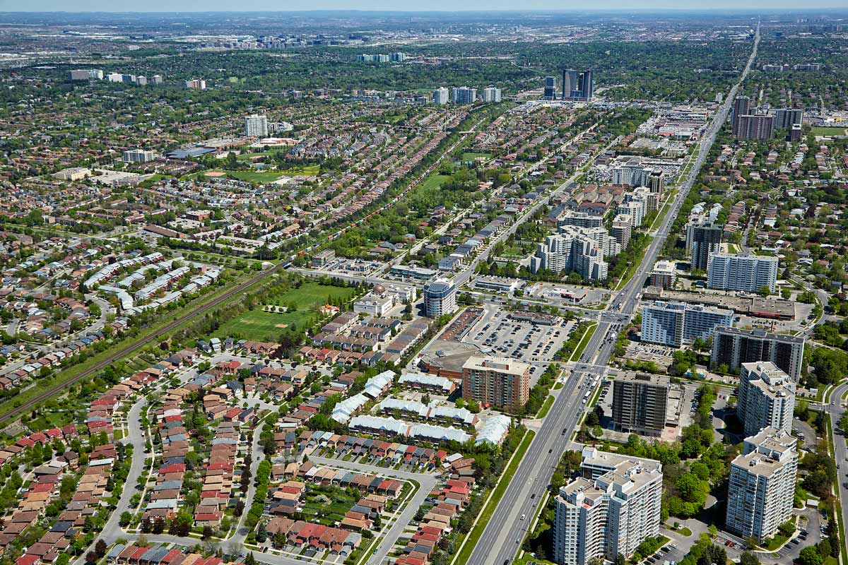 Aerial photography of suburb buildings and community