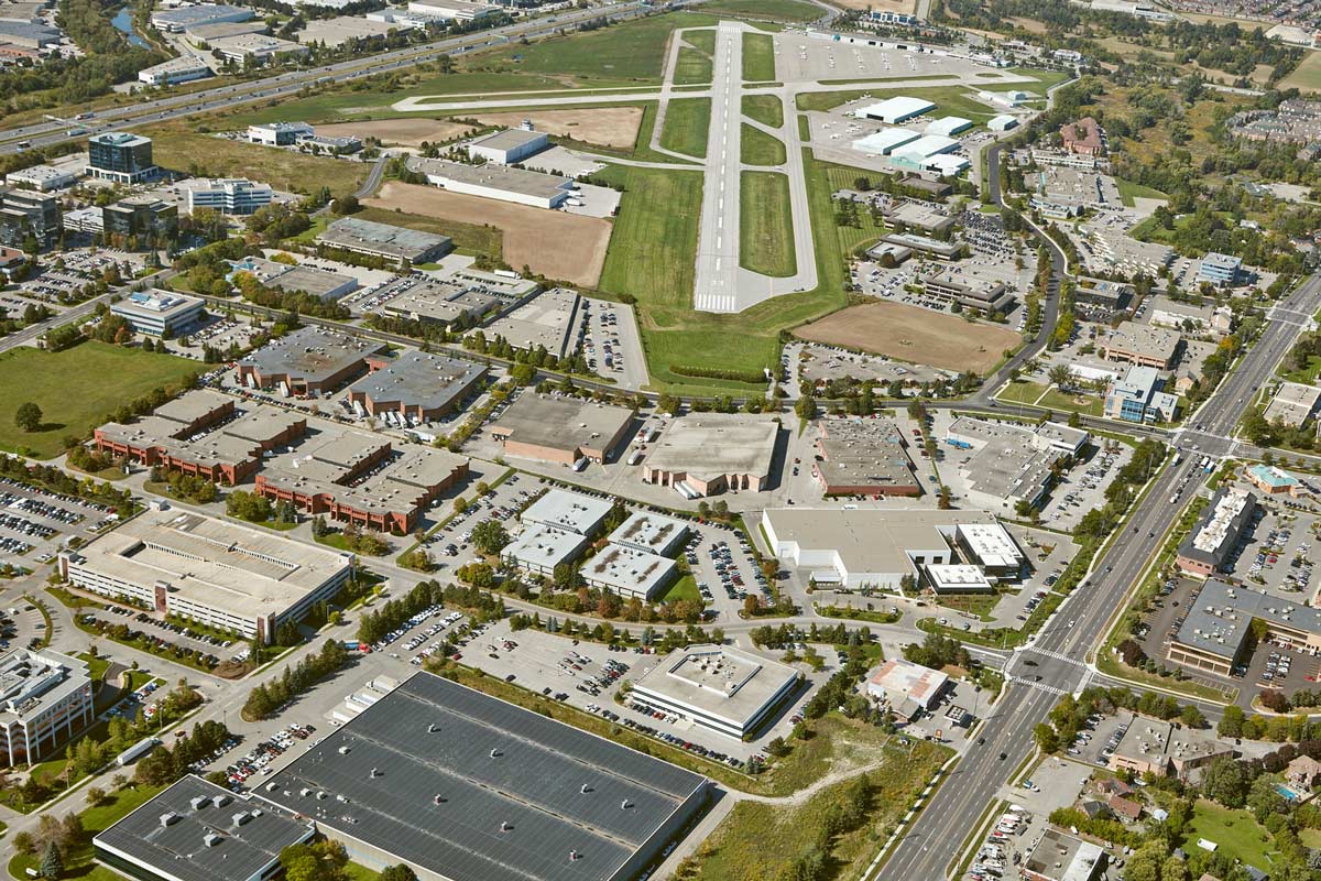 Aerial photography of airport runway and buildings