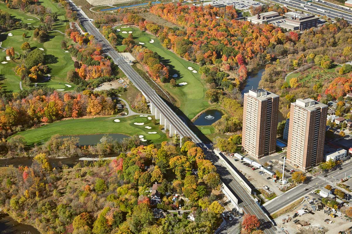 Aerial photography of golf course and bridge