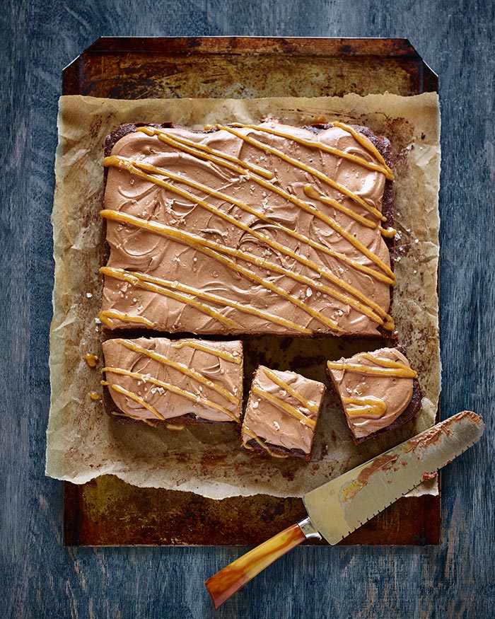 Recipe Photography of Organic Salted Caramel Frosted Brownies for Merkato Communications Organic Week