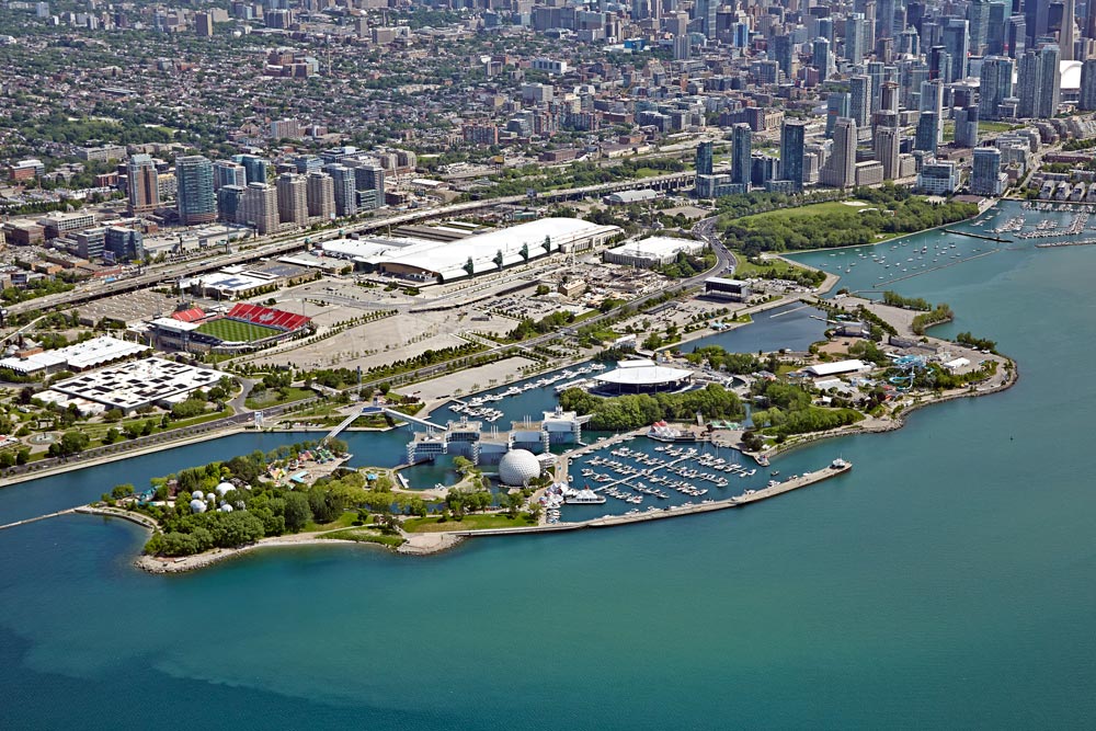 Aerial photography Lake Ontario downtown Toronto with BMO Field and the Canadian National Exhibition