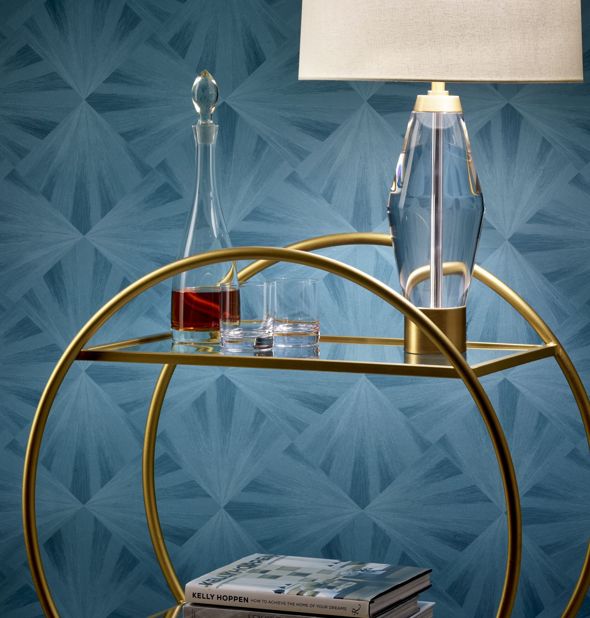 Illustrative Photo - Gold Bar Cart Contemporary Blue Graphic Commerical Wallcovering