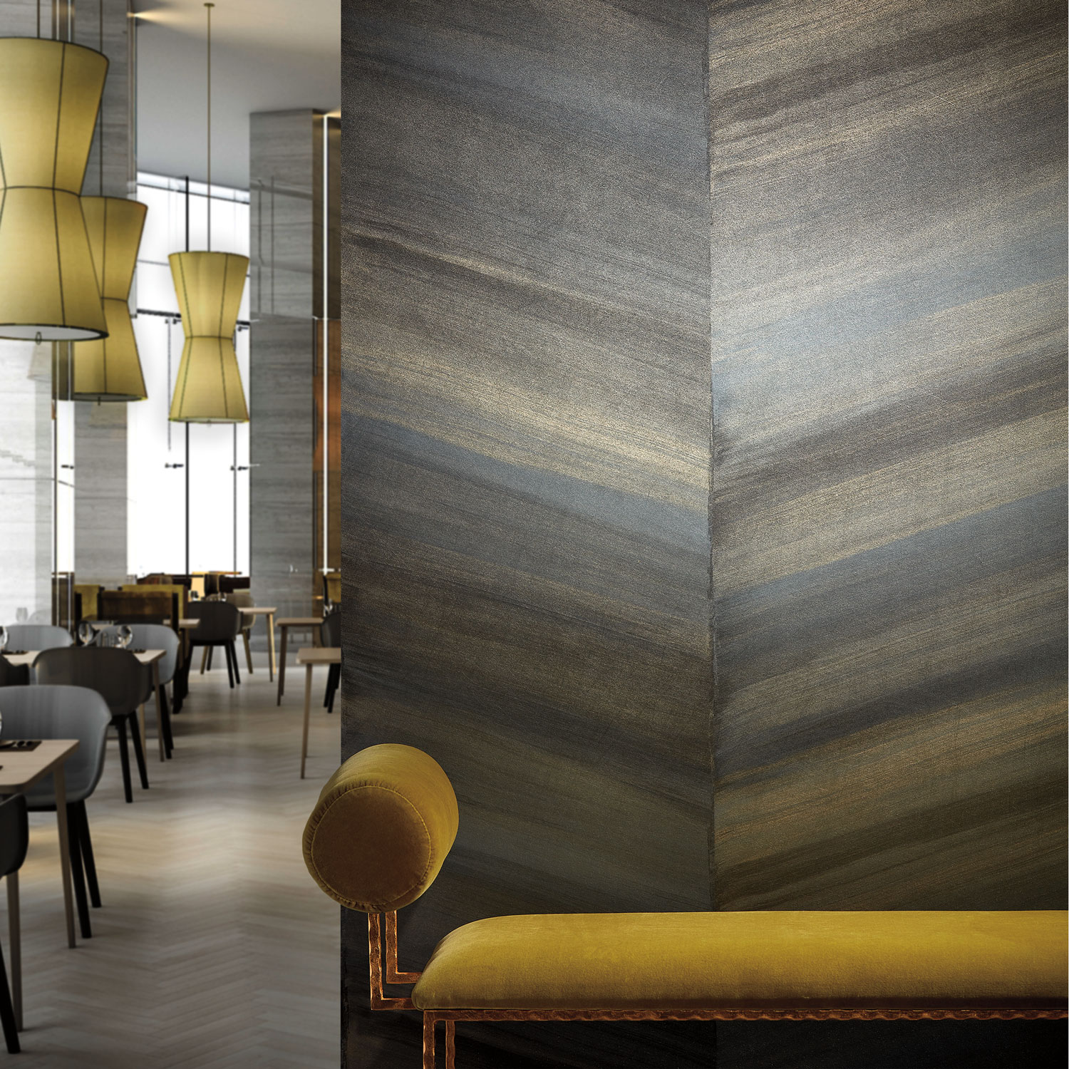 Illustrative Photo - Restaurant Setting Paint Finish Grey Mustard Blue Chevron Large Graphic Commercial Wallcovering