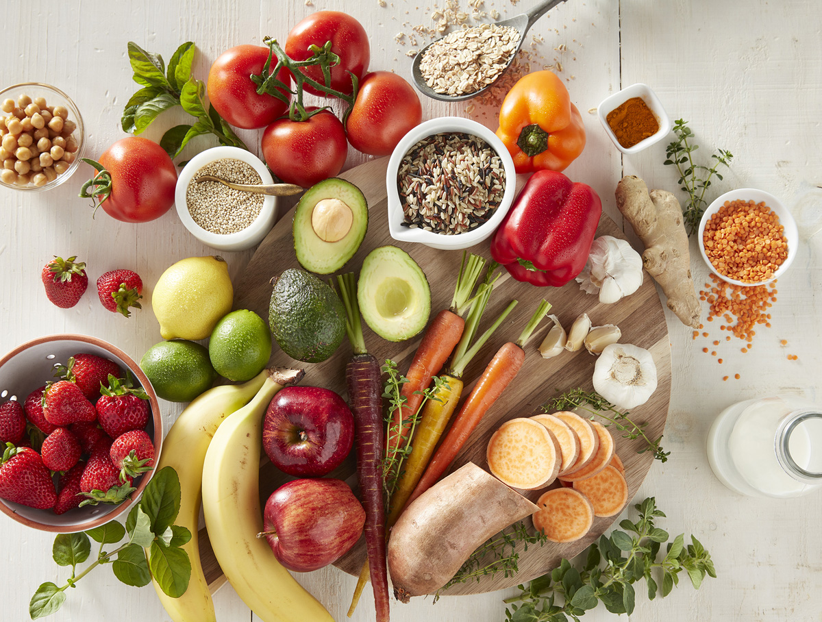 Food Photo - Raw Vegetables Fruits Grains Board